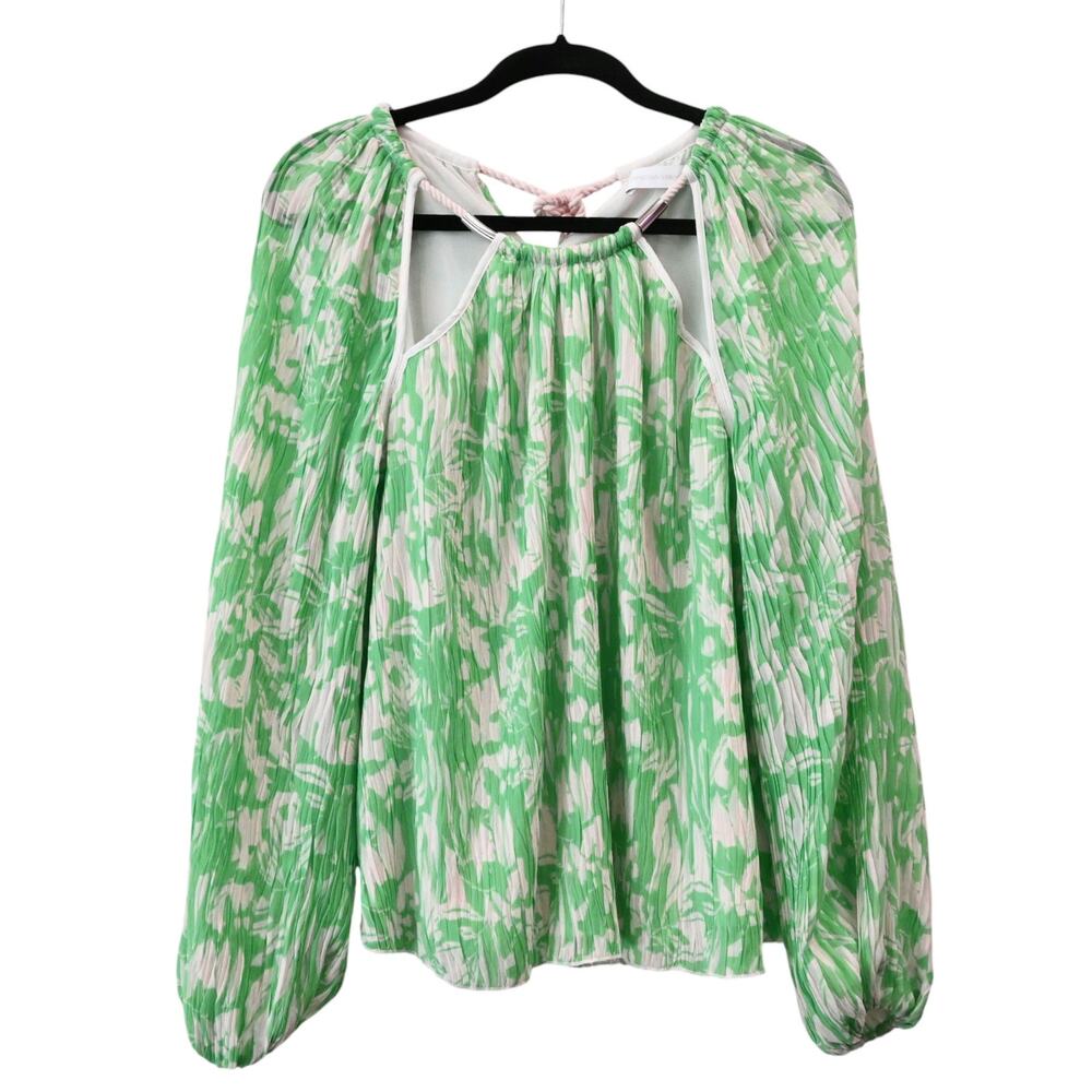 Jonathan Simkhai Lilah Pleated Chiffon Kiwi Leafy Floral Cut Out Top Size XS